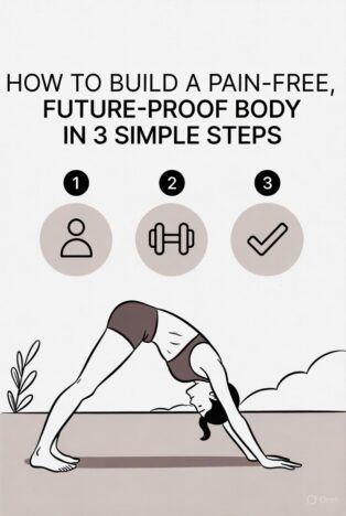 Woman performing downward-facing dog pose with 3 numbered steps icons below for building a pain-free future-proof body