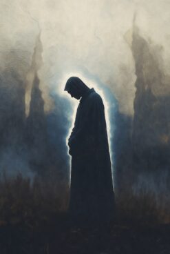 Mysterious hooded person standing in a dark tunnel of gnarled trees, illuminated by a single beam of mystical light