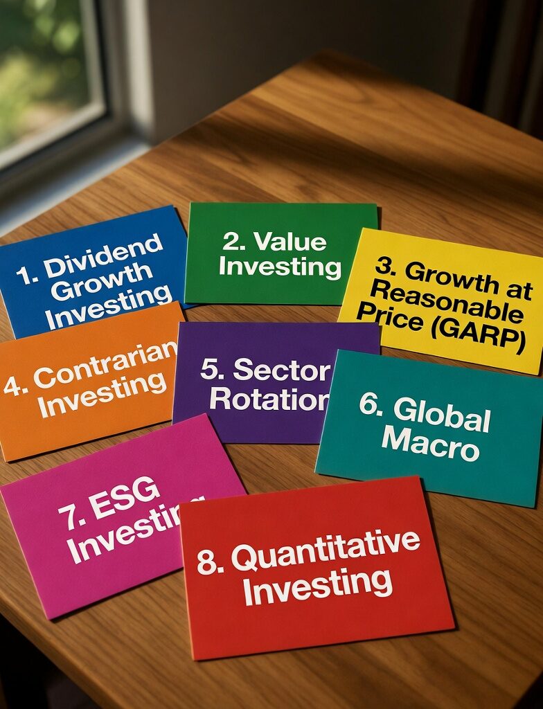 Colorful sticky notes or index cards arranged on a wooden table, each labeled with different investment strategies such as Dividend Growth Investing, Value Investing, GARP, Contrarian Investing, Sector Rotation, Global Macro, ESG Investing, and Quantitative Investing for building seven-figure portfolios.