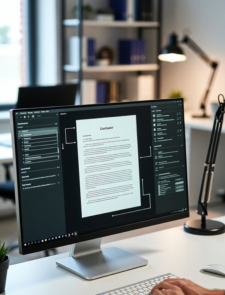 7 Power Shifts: AI Implementation for Independent Law Firms Modern law office desk with large monitor displaying AI-powered contract analysis and document flowchart