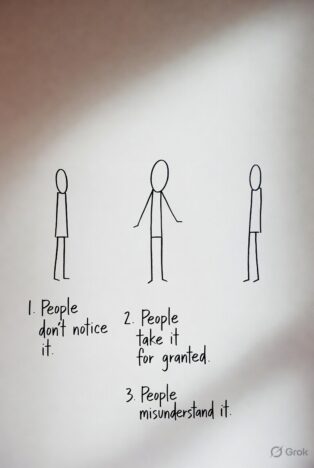 Three minimalist stick figures with text below explaining why kindness is often overlooked or taken for granted