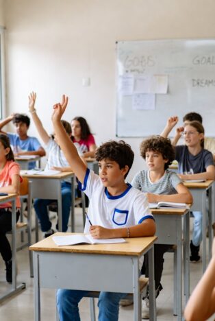 Young boy in classroom confidently raising his hand while smiling, with motivated classmates in the background