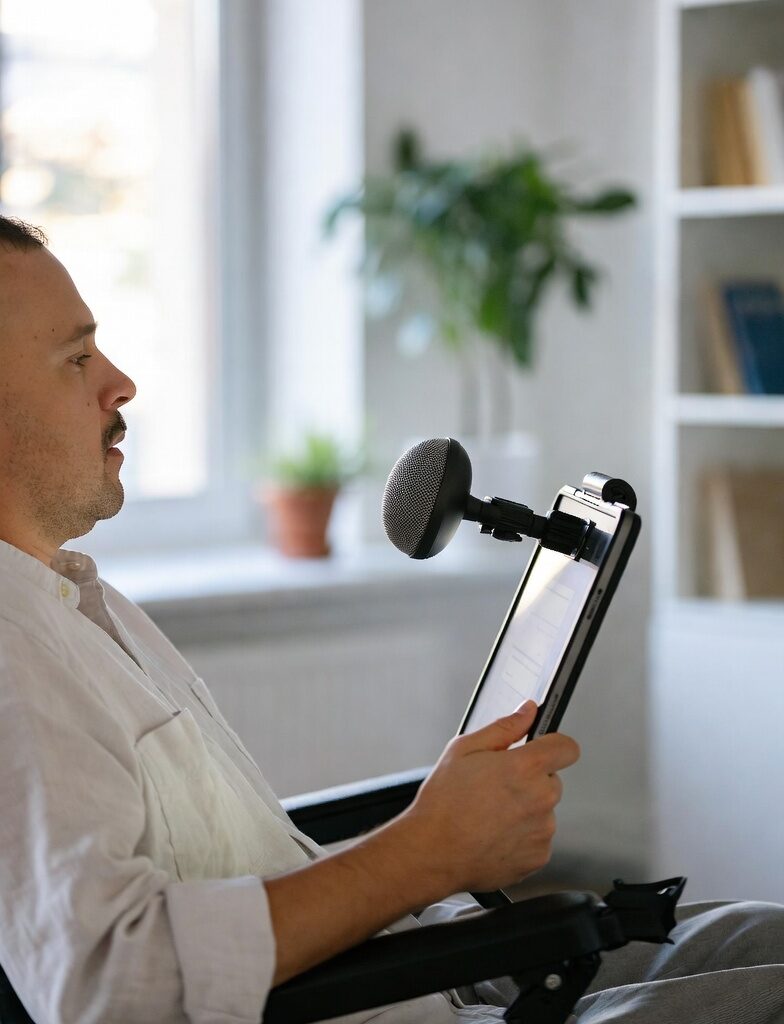 Man with mobility impairment in wheelchair using voice control by speaking into a mounted microphone attached to a tablet