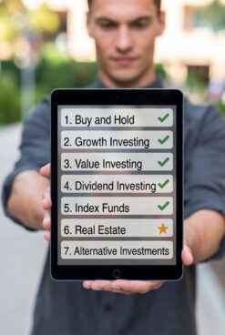 A professional man in business casual attire holding a tablet that displays a checklist of seven investment strategies, including Buy and Hold, Growth Investing, Value Investing, Dividend Investing, Index Funds, Real Estate (highlighted with a star), and Alternative Investments, with green checkmarks indicating selections.