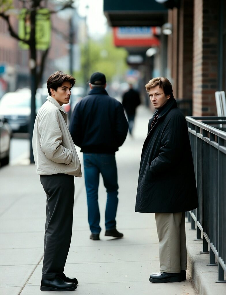 Good People: Two men standing quietly on a city sidewalk, overlooked as pedestrians walk past