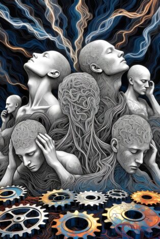 Abstract metallic human heads connected by glowing neural pathways and swirling energy, symbolizing hyperactive overthinking in highly intelligent people