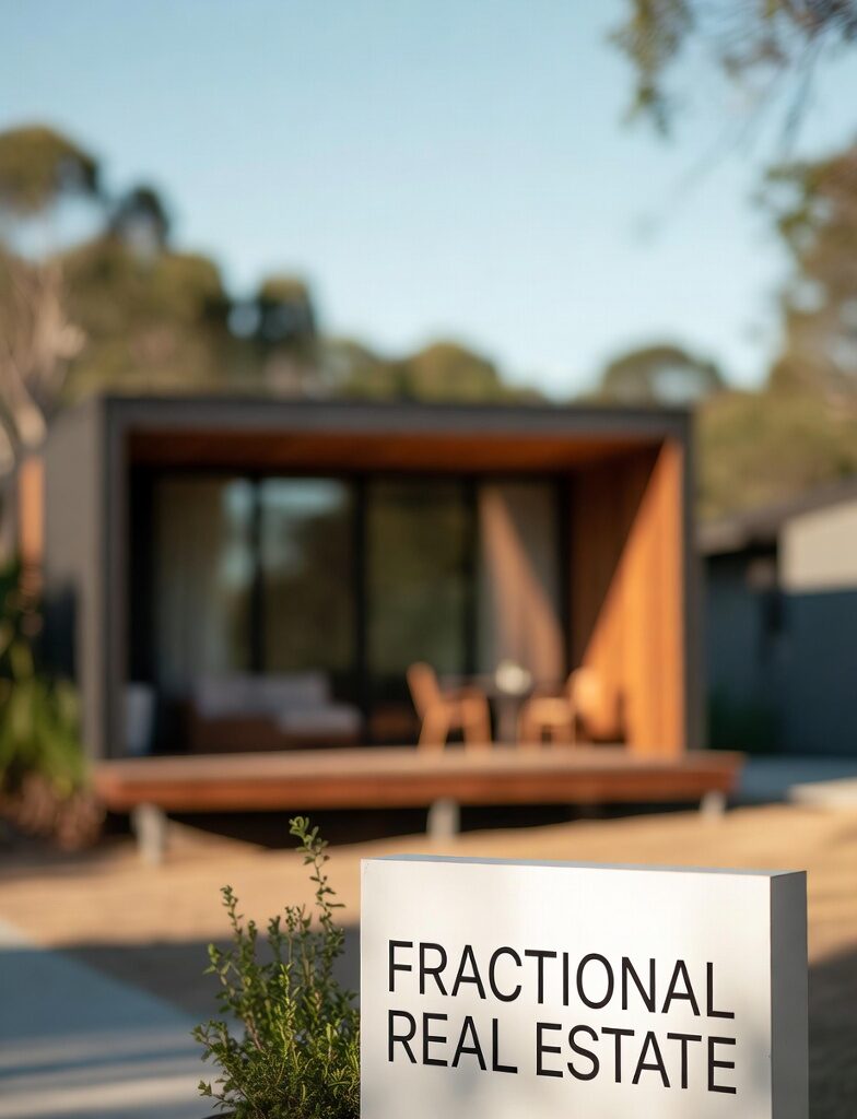 Why 6 Fractional Real Estate Models Are Changing How Gen Z Builds Wealth Modern minimalist cabin home with Fractional Real Estate sign in garden foreground