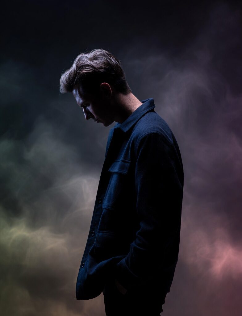 Silhouette of a young man in a dark jacket looking down sadly, surrounded by heavy smoke and moody lighting