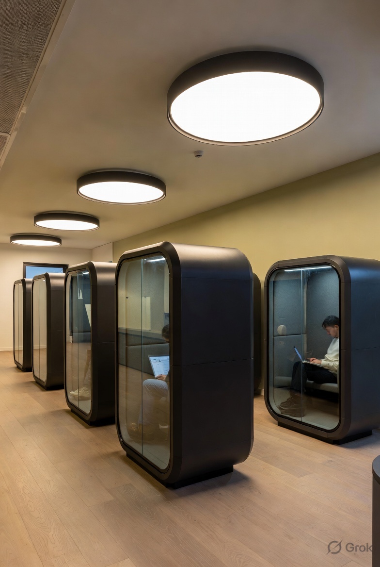 Row of 7 sleek black noise-dampening study pods in a modern open workspace, one person working inside with laptop