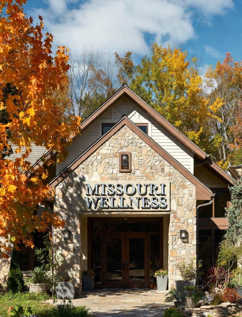  Missouri Wellness:Stone and wood wellness center entrance with " Missouri Wellness" sign, surrounded by vibrant autumn trees