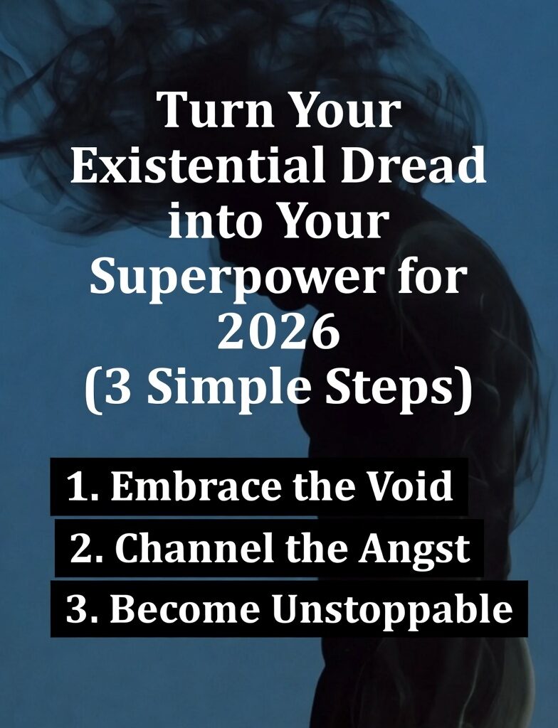 Dark silhouette of a person emerging from swirling black smoke, with motivational text overlay: "Turn Your Existential Dread into Your Superpower for 2026 (3 Simple Steps)"