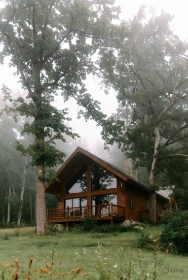 Wooden log cabin in foggy forest clearing, large windows and deck, misty tall trees