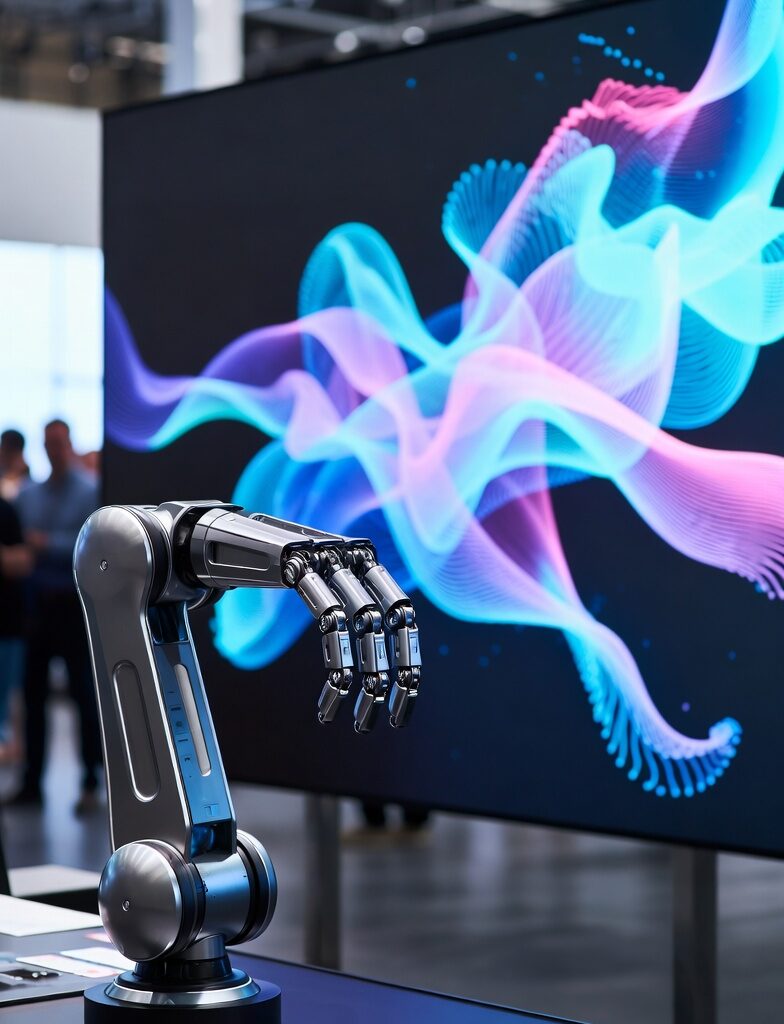 AI innovation :
Futuristic robotic arm reaching toward glowing colorful AI waves on a large screen.