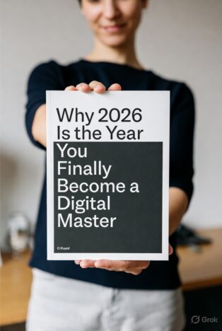 Woman in dark sweater holding a clean minimalist book titled "Why 2026 Is the Year You Finally Become a Digital Master"