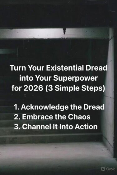 Dimly lit concrete underpass with glowing text overlay: "Turn Your Existential Dread into Your Superpower for 2026 (3 Simple Steps)" and three steps listed below
