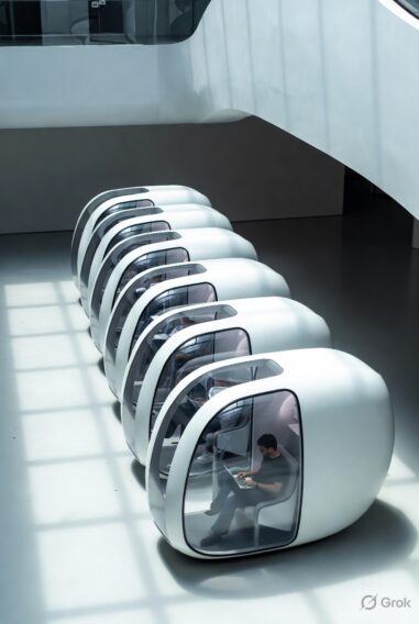 Line of 7 futuristic white noise-reducing study pods in a bright contemporary space, person working on laptop inside one pod