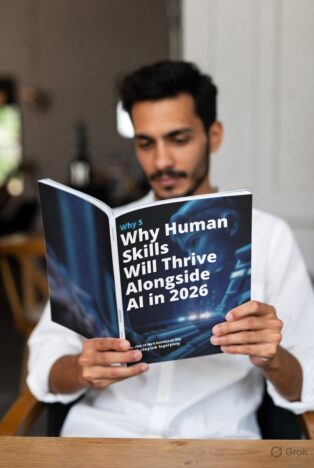 Person reading magazine article "Why 5 Human Skills Will Thrive Alongside AI in 2026" with glowing AI circuitry background