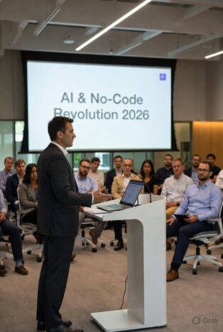 Business presentation on stage titled “AI & No-Code Revolution 2026” with engaged audience