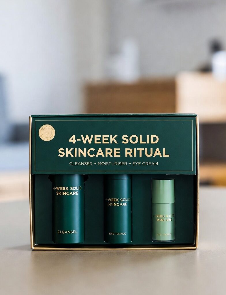 Dark green luxury gift box containing 4-Week Solid Skincare Ritual with cleanser, moisturiser and eye cream in eco-friendly metal tubes