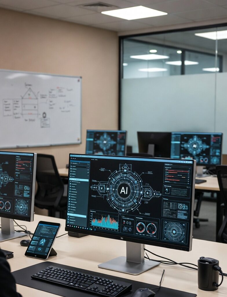 Modern AI workspace in 2026 with large monitors displaying AI interfaces, data visualizations, and no-code tools