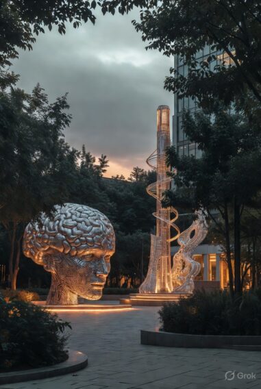 Metallic AI humanoid face sculpture and spiral quantum tower in tech park