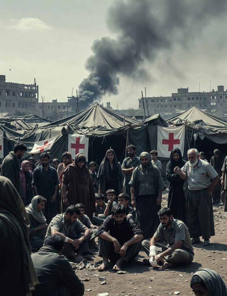How 7 Powerful Shifts Show the Iran–Israel–US War Could Transform Global Health Injured civilians and families sit on the ground outside Red Cross medical tents amid heavy smoke and destroyed buildings in a war zone