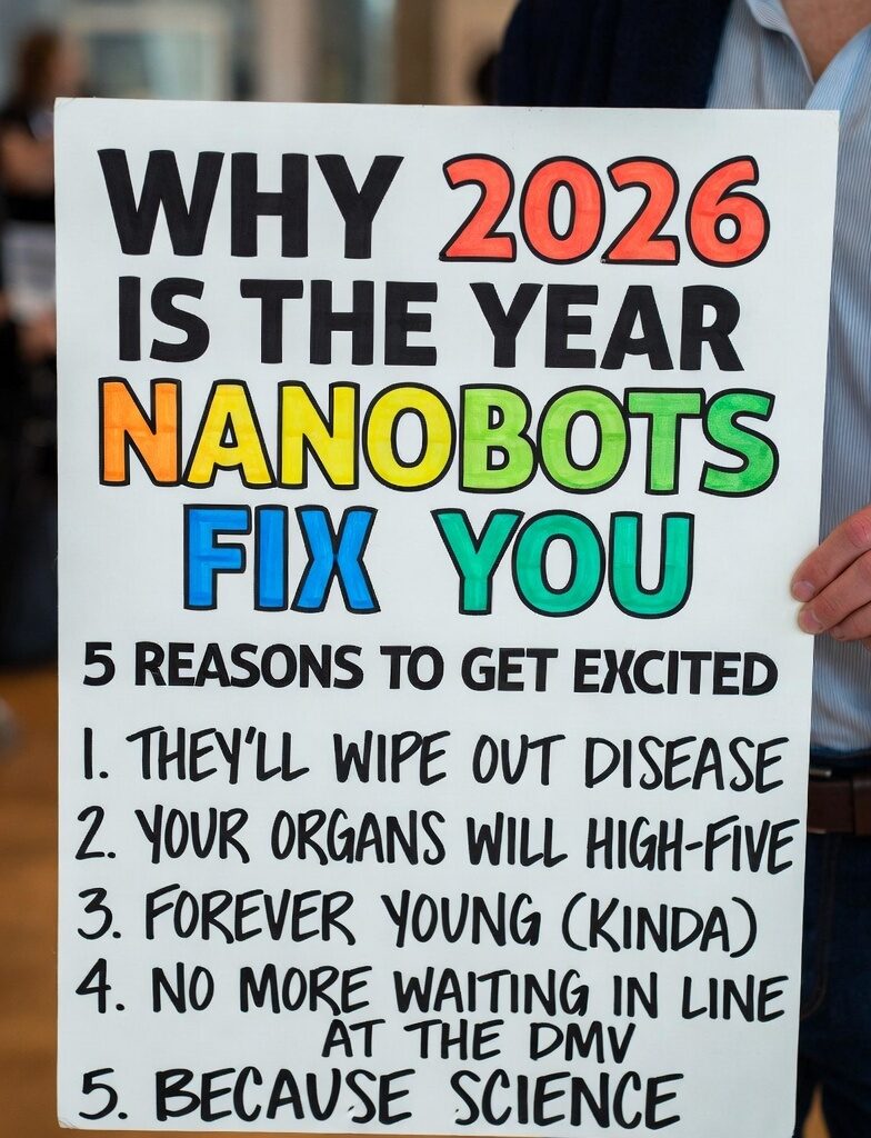 Person holding a colorful sign that reads "WHY 2026 IS THE YEAR NANOBOTS FIX YOU – 5 Reasons to Get Excited" with humorous listed reasons