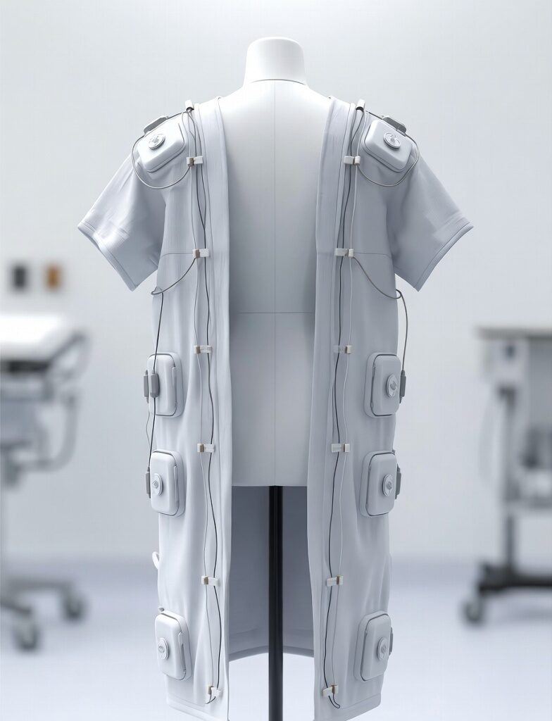 Smartwear:Futuristic smart hospital gown with embedded sensors and modules on a mannequin in a clinical setting