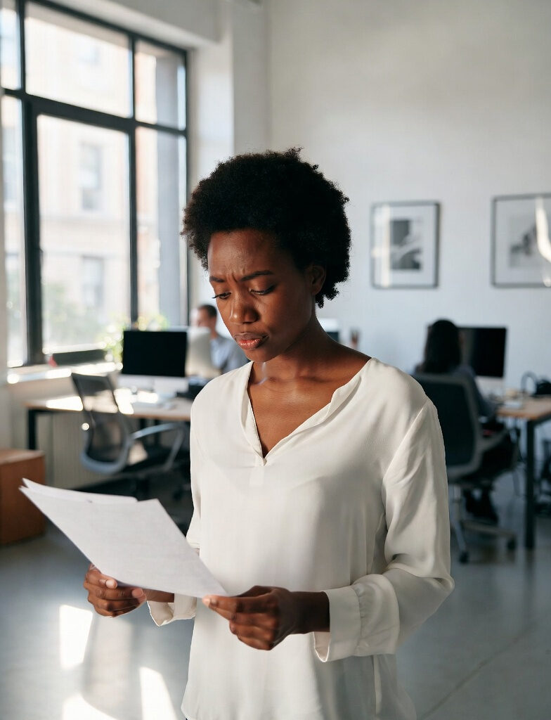 A worried professional woman reading a document in a modern office, looking concerned about career mistakes.