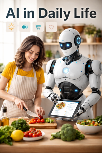 Woman cooking in a modern kitchen assisted by a humanoid AI robot displaying a digital recipe on a tablet