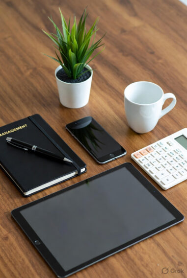 Smart management tools arranged on a wooden desk with tablet, smartphone, notebook, calculator, pen, potted plant, and coffee mug.