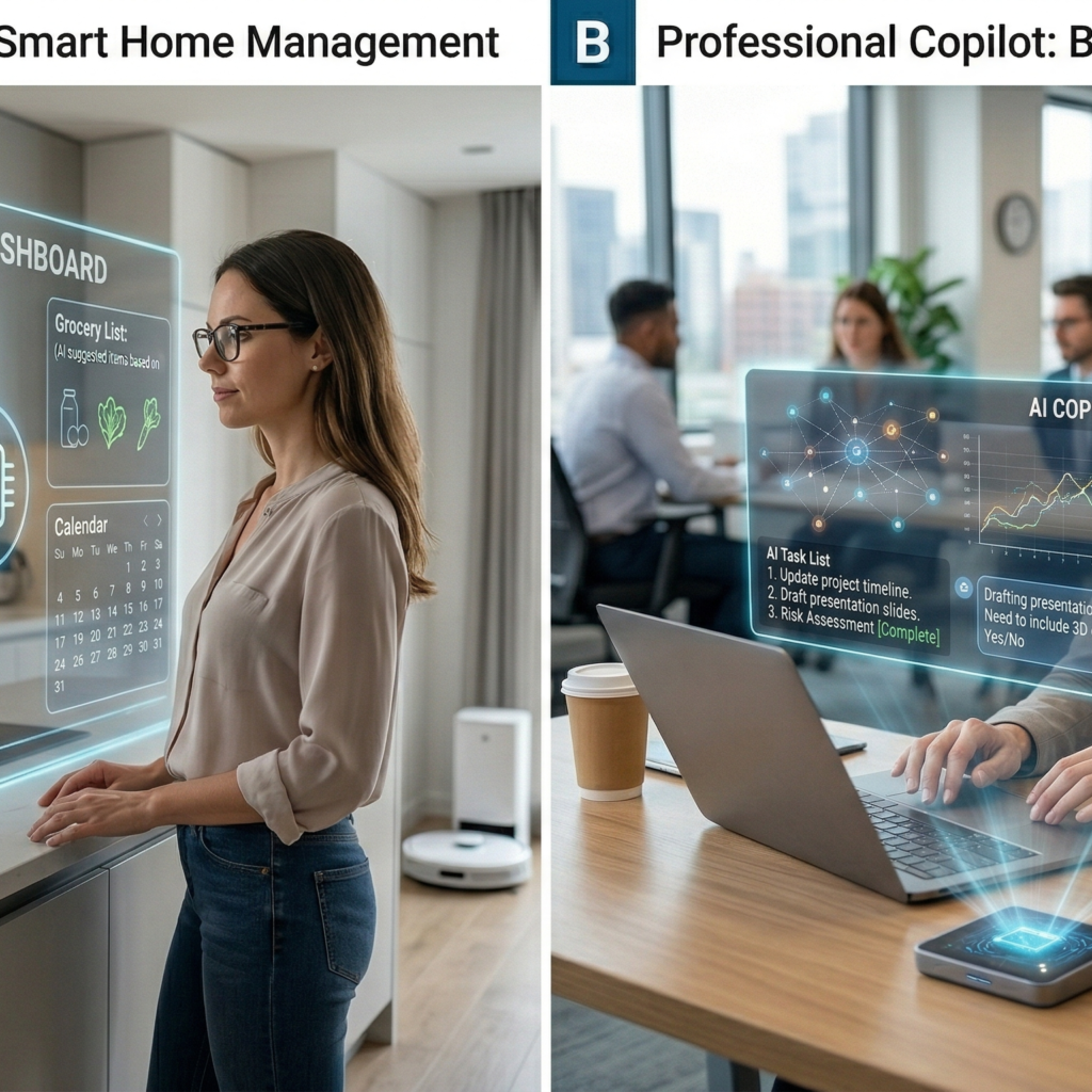 How AI in Daily Life(2026) Is Rapidly Transforming the Way We Live AI in daily life: A woman in a modern kitchen looking at a glowing holographic AI dashboard that displays her morning routine, grocery list, and calendar while a robot vacuum cleans the floor.