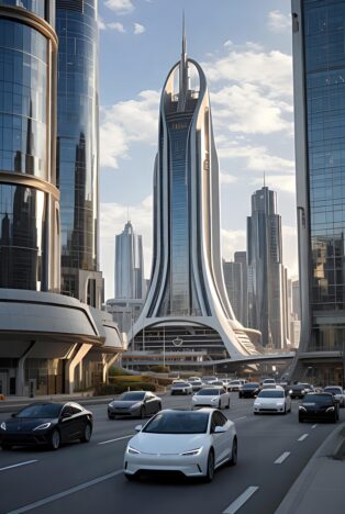 Futuristic cityscape with sleek skyscrapers and autonomous cars, representing the future of AI jobs and technology.