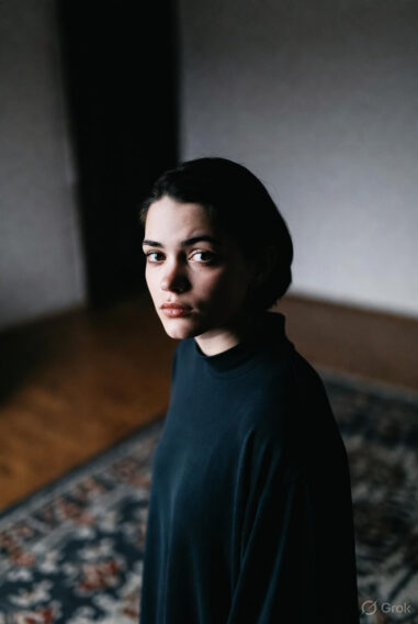 A serious young woman with short dark hair looking over her shoulder with a concerned expression, symbolizing career mistakes.