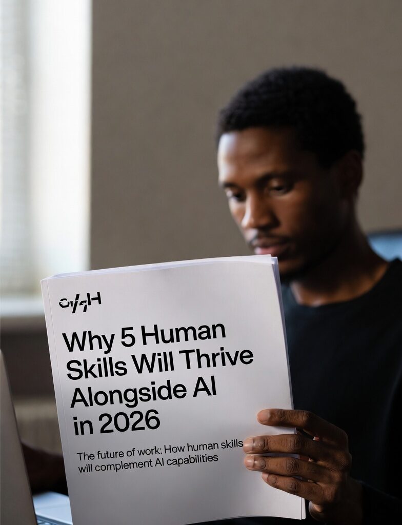 Why 5 Human Skills Will Thrive Alongside AI in 2026 Professional man reading a report titled "Why 5 Human Skills Will Thrive Alongside AI in 2026"