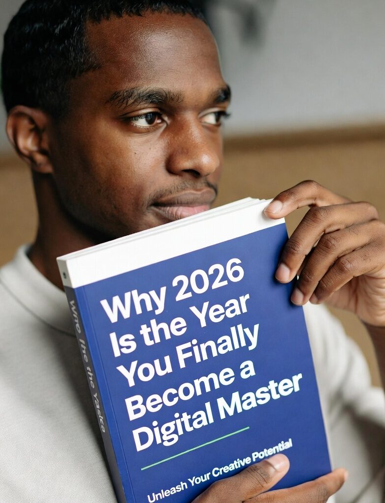 Why 2026 Is the Year You Finally Become a Digital Master Young Indian man smiling while holding a blue book titled "Why 2026 Is the Year You Finally Become a Digital Master"