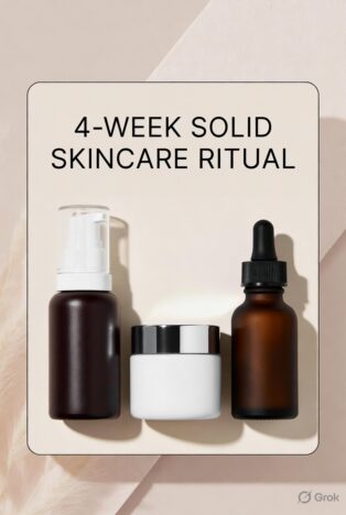 Minimalist flat-lay of three sustainable skincare products on beige background: brown pump bottle, white jar, and brown dropper bottle for 4-Week Solid Ritual