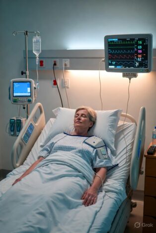 Elderly patient in hospital bed wearing advanced smart gown connected to monitoring device