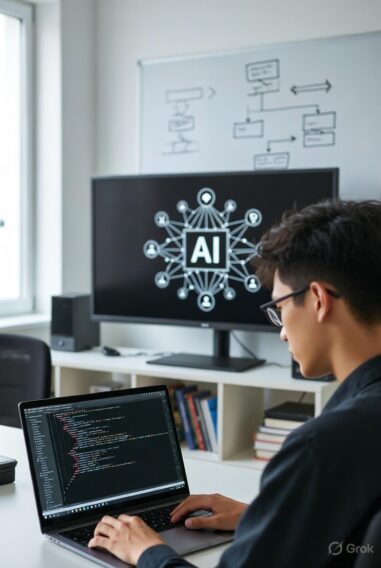 Educator working on laptop in front of large AI network display while students learn with advanced technology in classroom