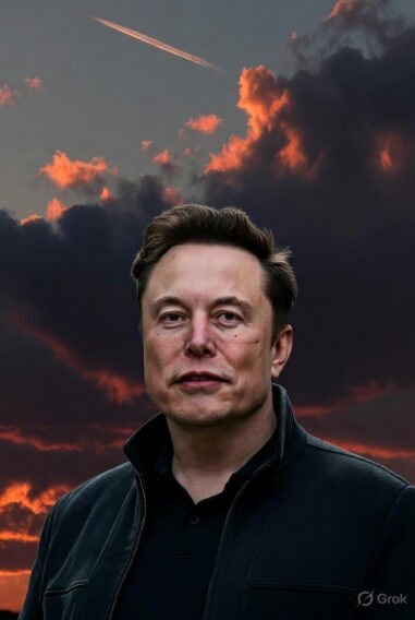 Elon Musk under fiery sky with missile trail above