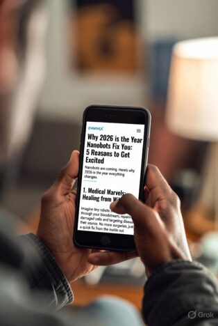 Hand holding smartphone displaying article titled "Why 2026 is the Year Nanobots Fix You: 5 Reasons to Get Excited"