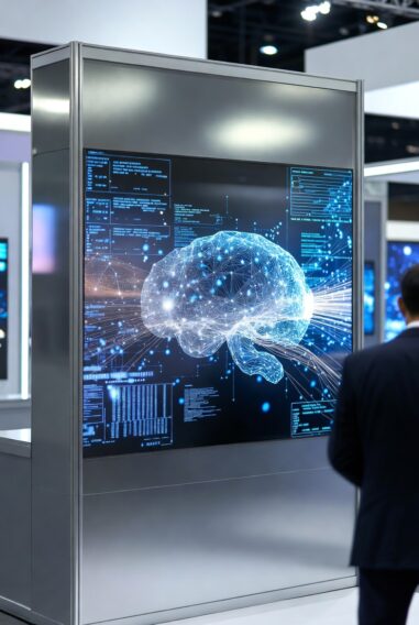 Futuristic AI brain displayed on a large digital screen in a high-tech exhibition, with a person observing.