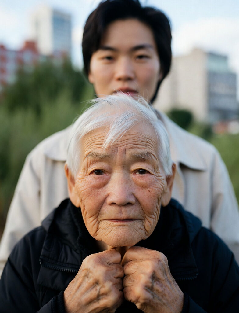 Elderly person with wrinkled hands in foreground and young person in background, representing generational differences.