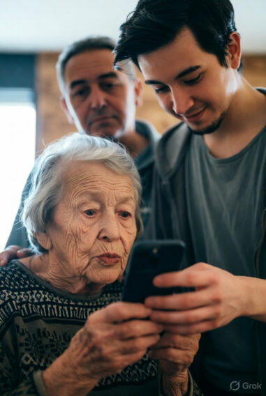 Elderly woman holding a smartphone with a young man helping her, while an older man watches from behind, showing generational differences in technology use.