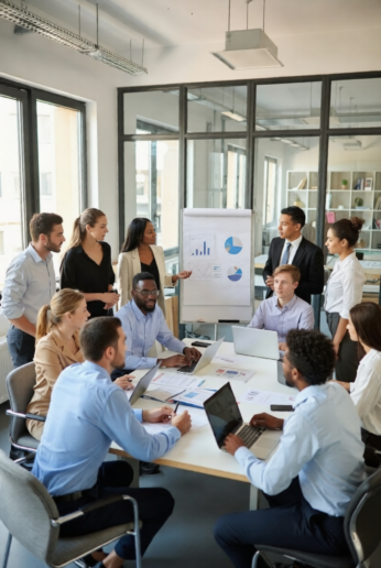 Diverse group of professionals from different backgrounds collaborating in a bright modern conference room, discussing charts and data on a whiteboard while working on laptops.