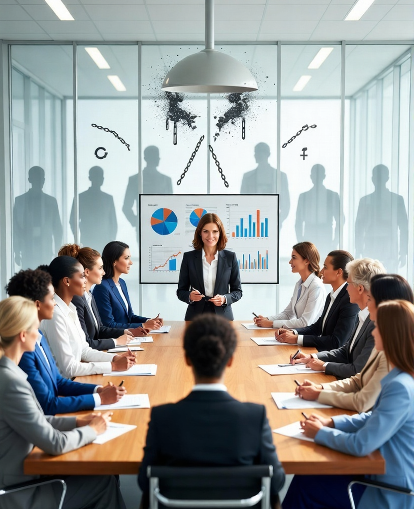 Diverse group of professional women confidently leading a modern business meeting in a conference room, with dissolving patriarchal chains in the background, representing women taking charge in business management.