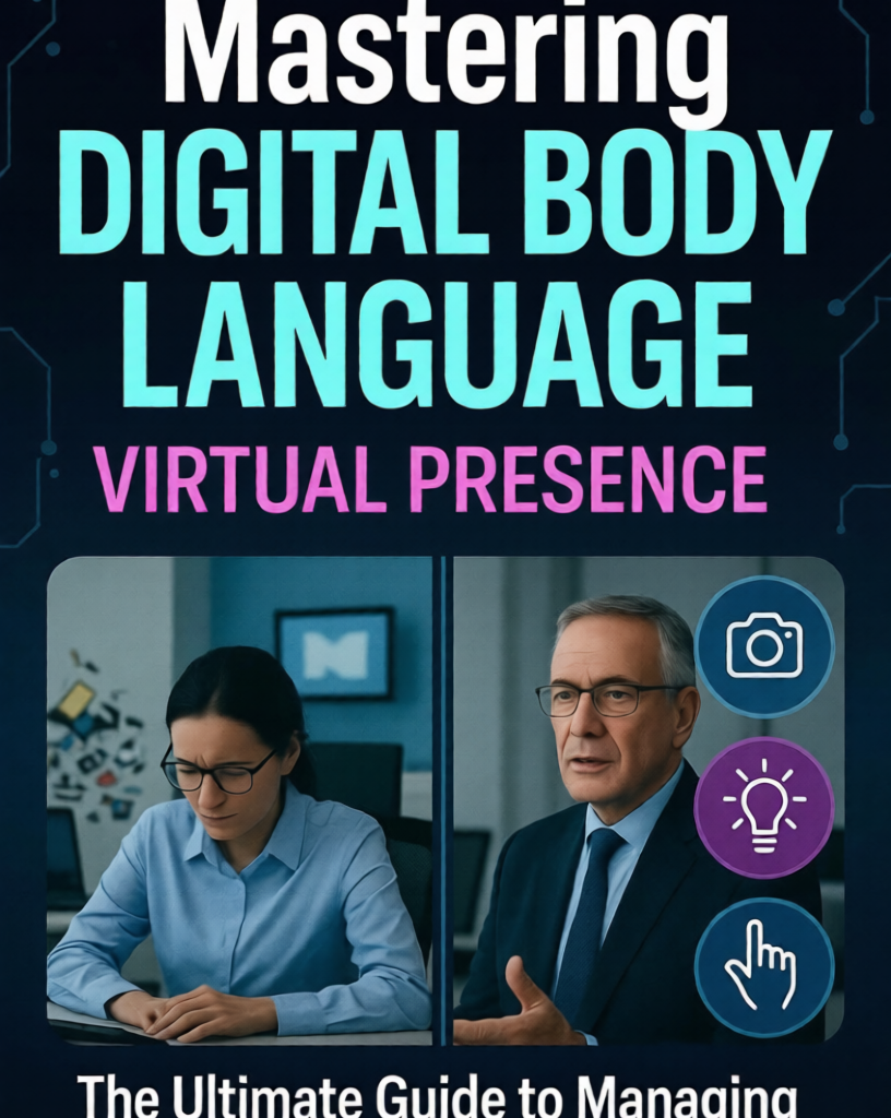 Mastering Digital Body Language: 5 Ultimate Guide to Managing Communication in a Virtual World Managing Communication:Professional woman mastering digital body language during a virtual meeting with glowing icons
