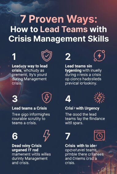 Infographic titled "7 Proven Ways: How to Lead Teams with Crisis Management Skills" showing 7 key leadership strategies with icons on a dark blue background.