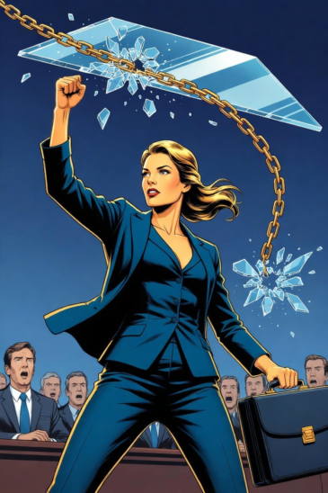 A powerful woman in a blue business suit dynamically shattering a glass ceiling and golden chains with her raised fist while holding a briefcase, symbolizing women breaking patriarchal norms in business leadership.