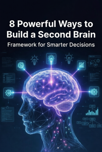 Stylized human head with vibrant holographic Second Brain framework and 8 glowing numbered elements for smarter decisions